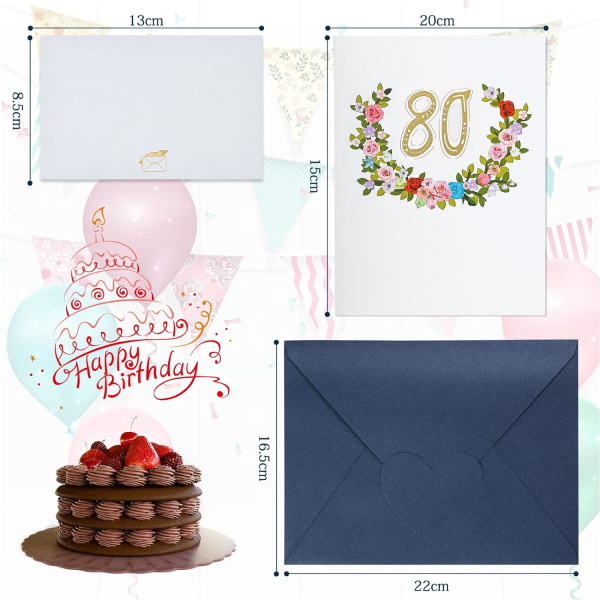 3D Pop Up Gratulationskort, blommande födelsedagskort med kuvert (80 år) Color 4