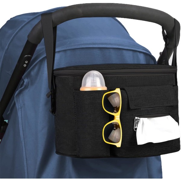 Barnvagn Organizer, Buggy Organizer, Barnvagn Organizer Bag med mugghållare & axelrem (svart) Color 1