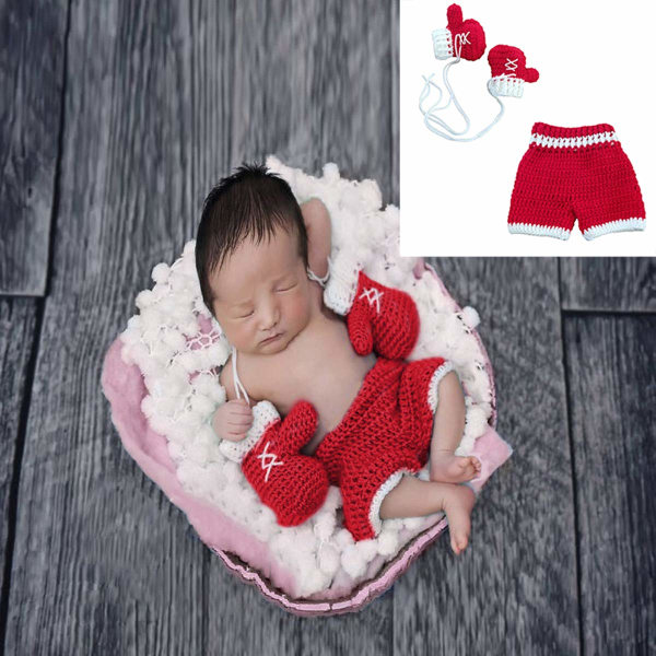 Nyfödd Fotografi Prop Baby Virkad Stickad Boxningshandske Byxor Outfit för Baby Flickor & Pojkar（röd） Red