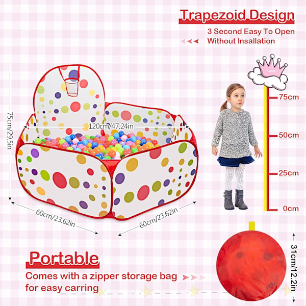 Bollhav med miniliv och förvaringsväska, Φ1,2 m Pop Up Hexagon Polka Dot Barnpooltält