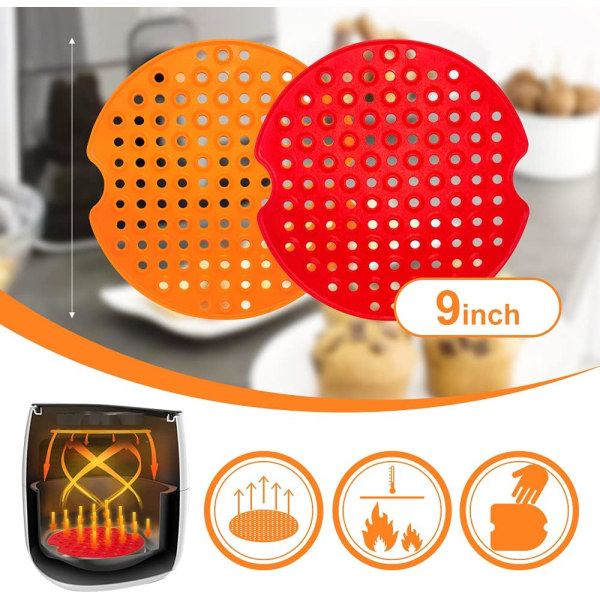 2PACK Silikon Airfryer-foder, 9-tums återanvändbar non-stick-matta för ångkorg