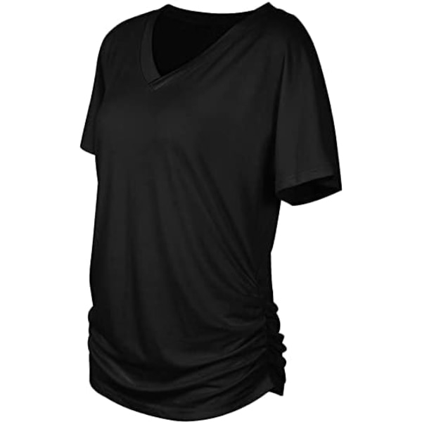 Kortärmade toppar för kvinnor, sommartröjor, basskjorta med V-ringad (svart L) Black