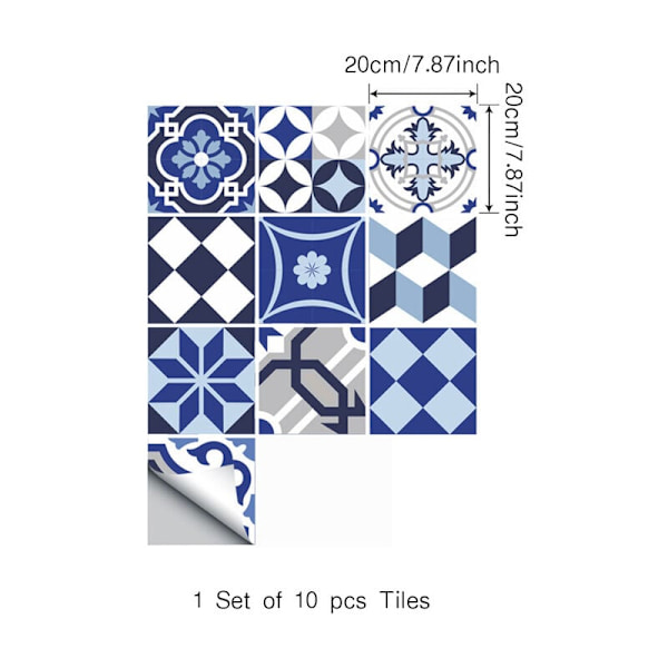 Kök och badrumsklistermärken 20cm x 20cm - 10 st, Väggplattor, Imitation Cement Tile Adhesive - Lätt att installera, ingen applikator krävs - Blå nyans