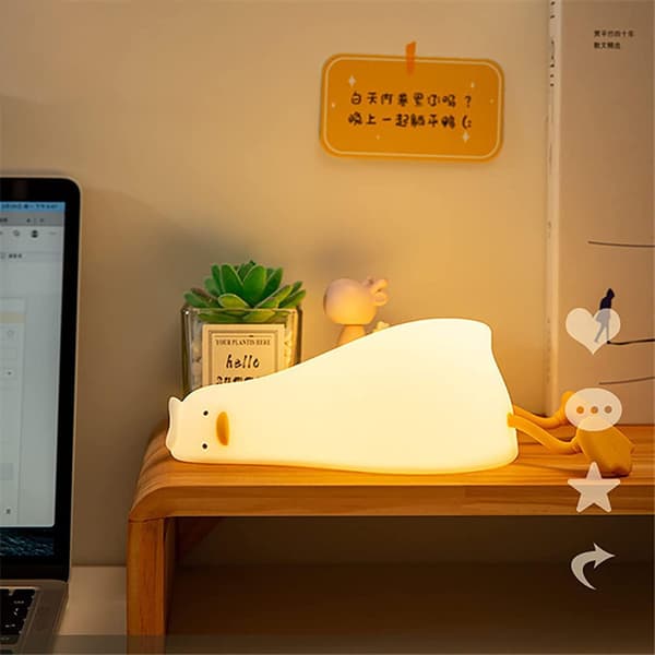 Flattliggende and nattlys barn 3 lysmoduser USB silikon sove med 30 minutters timerlys