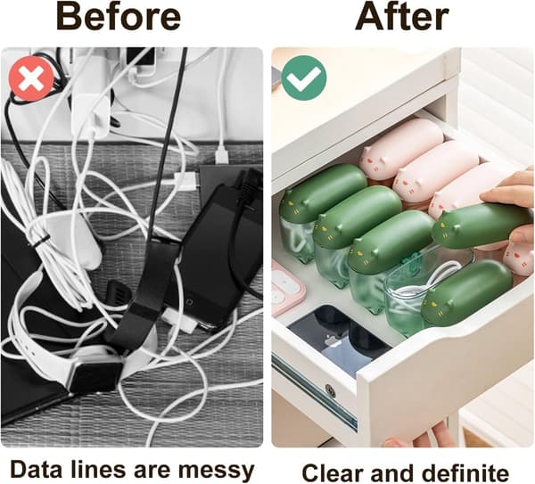 Kabelorganiseringsboks - Mini Multifunksjonsdata med silikonstropper, pakke med 2 (grønn + rosa)