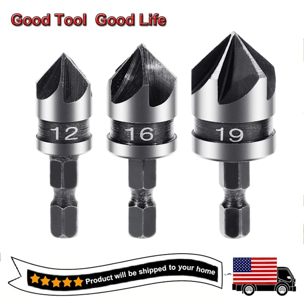 3PCS(12 16 19 MM) Metallförsänkare Fasningsborr Set Fräs, 5 Spår 90 Graders Fasningsbitar