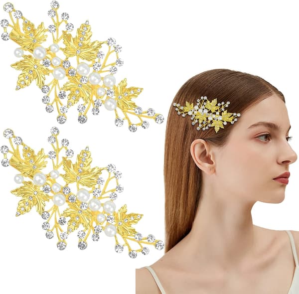 2 stk Rhinestone Perle Bryllup Hårspenner Blad Brude Hårnål Krystall Blomst Barrette Hodeplagg