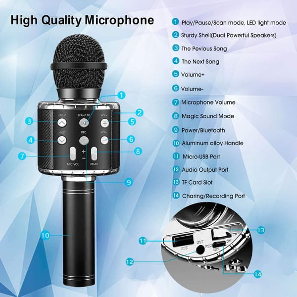 Karaoke Bluetooth-mikrofon, 5-i-1 opptaks- og sangmikrofon for barn og voksne (blå)