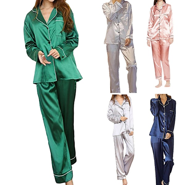 Storlek L) Dammjukt sidensatin långärmad nattkläder Set green L