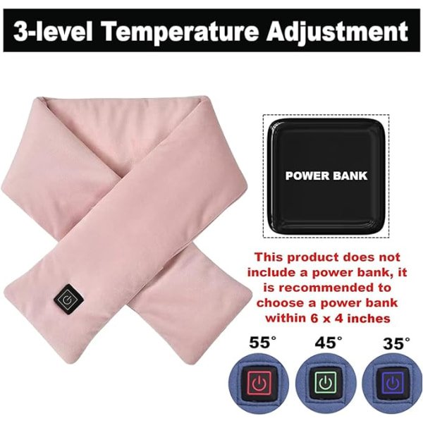 Mjuk uppvärmd halsduk med 3 värmeinställningar, snabbuppvärmningsrosa USB uppvärmningshalsduk, rosa