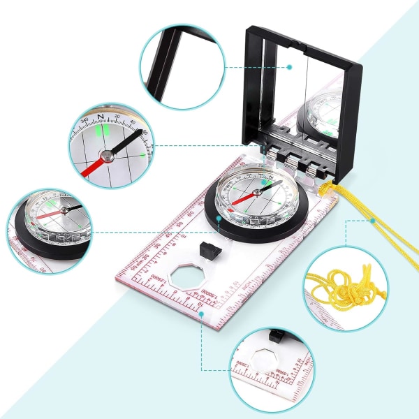 NineClouds navigationskompass för kartläsning, professionell kompass för orientering, multifunktionell kompass med spegel och deklination