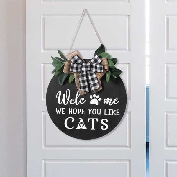 Välkomstskylt 30cm Välkommen Vi hoppas att du gillar Katter Trä Välkomstkrans Dörrhängare