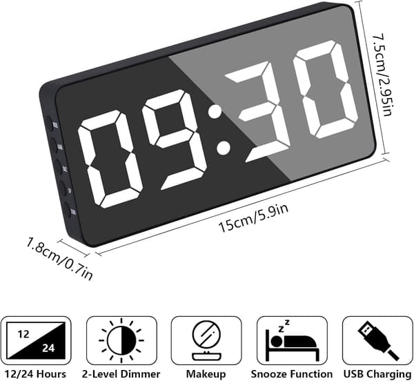 Digital reseväckarklocka digital klocka drivs av USB med snooze-knapp stapel datum 12/24 timmar, svart