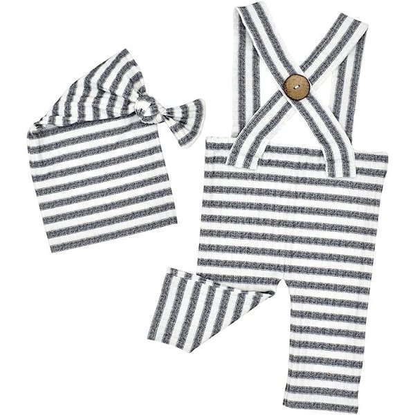 Nyfödd babyfotografering rekvisita kläder randig jumpsuit romper knut mössa för 0-2 månader (grå) color 3