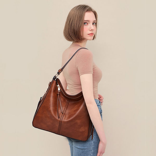 Vegansk läderväska för kvinnor, axelväska i boho-stil, brun