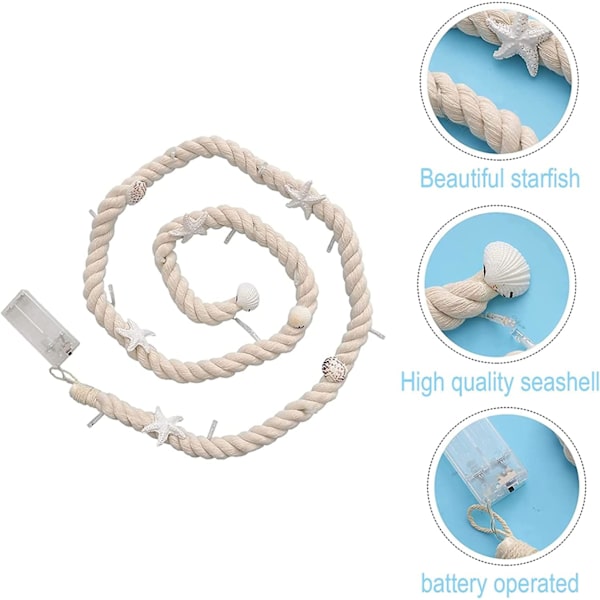 LED-skal-fe-ljus, 15 LED-lampor, sjöstjärneskal, havsbatteridriven, 1,5 m (beige bomullsrep) Beige