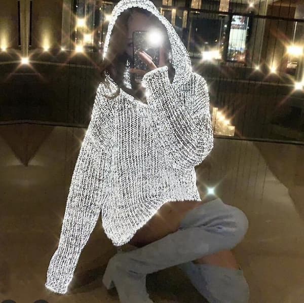 Reflekterande huvtröja casual stickad pullover V-ringad tröja dam