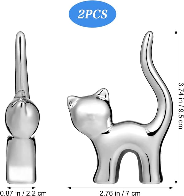 Ringholder Keramisk Sød Kattefigur Ringstativ Smykkestativ Pakke med 2 (Sølv) Silver