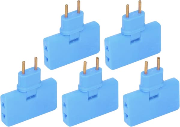 5 stk. batteristikomformere, 180° rotation, 1 til 3 EU-stikadapter, 110-250V, blå