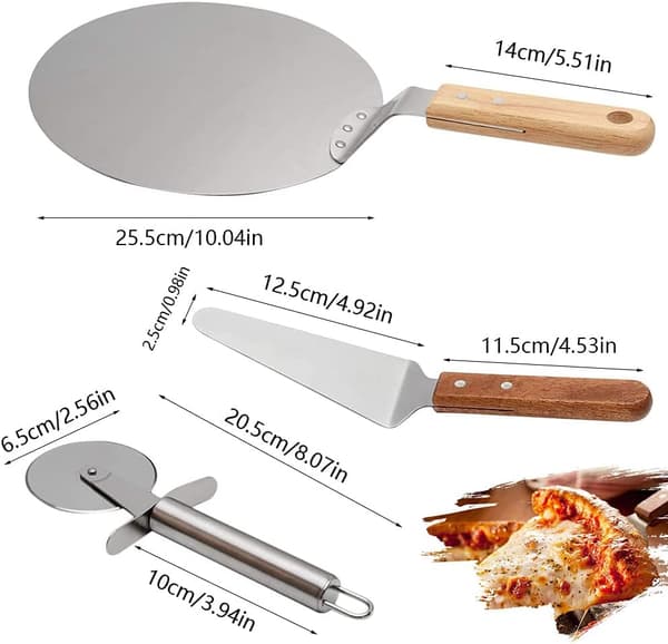 3 deler pizzaspade i rustfritt stål, pizzakutter i rustfritt stål, pizzahjul i rustfritt stål, pizzakuttersett