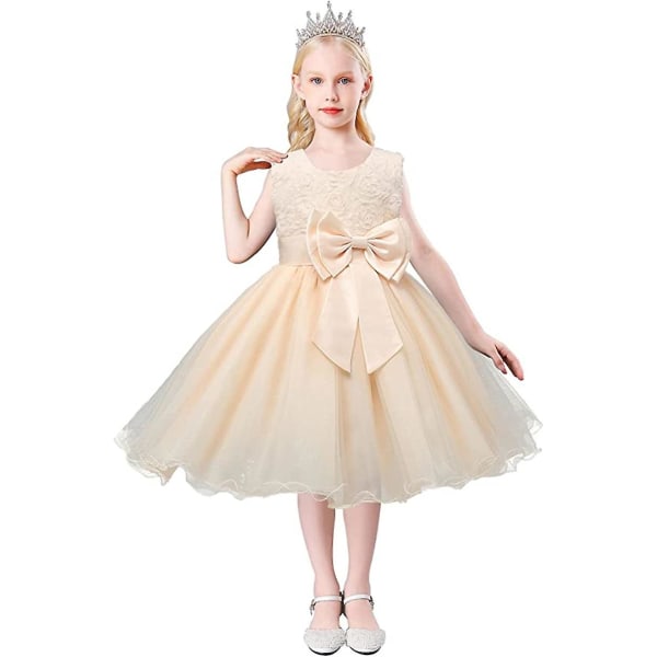 Flickor Mesh Bow Klänning Rosett Ärmlös Tulle Spets Flickor Klänning (Beige, 130CM) beige 130cm