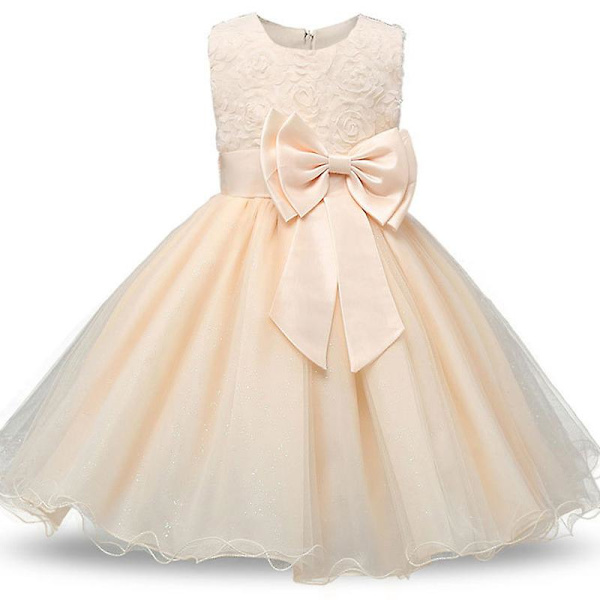 Flickor Mesh Båge Klänning Båge Ärmlös Tulle Spets Flickor Klänning (Beige, 110CM) beige 110cm