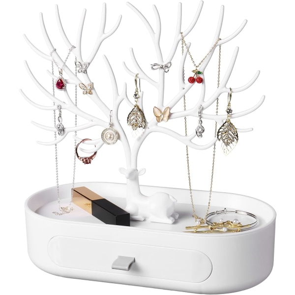 Träd smycken display stativ, plast smycken träd stativ med låda (vit) White