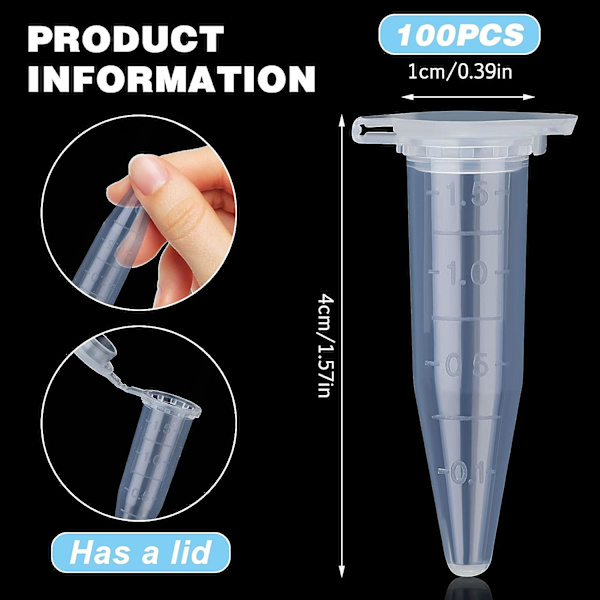 1,5 ml plast, genomskinliga mikrocentrifugrör med pipett, 100 stycken