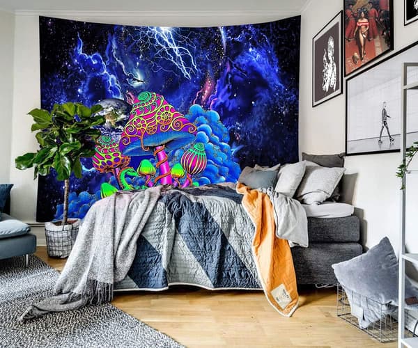 Psykedelisk tapet, blå svamptapet, hängande galaxtapet för sovrum, vardagsrum, sovrum, sovsal