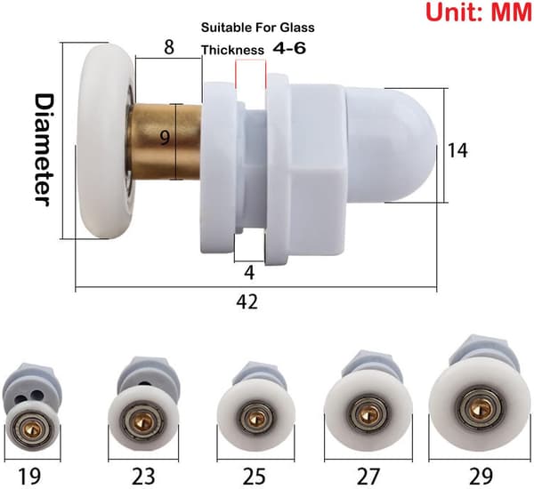 4 STK. Brusedørsruller, kobberstangsskive, stærk bæreevne, til badeværelsesglas, der skydes (23MM) 23mm