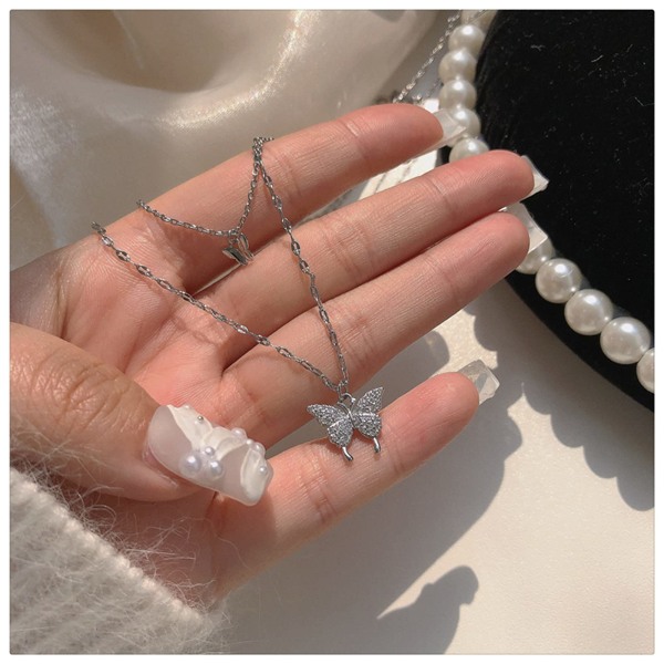 925 Sterling Silver Halsband Blankt Fjäril Tofs Halsband Kvinna Dubbel Lager Hänge