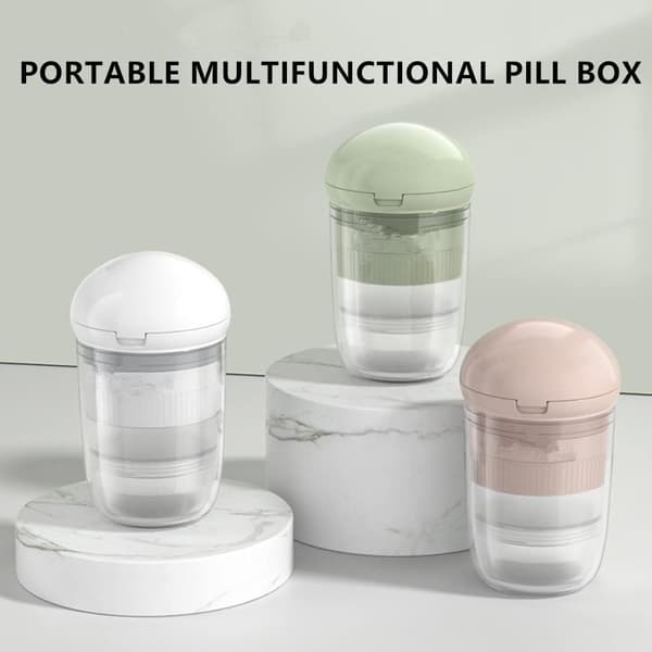 Multifunksjonell 4-i-1 pillekutter, pillemølle, pilleorganisator, liten reise-pilleboks (hvit) White