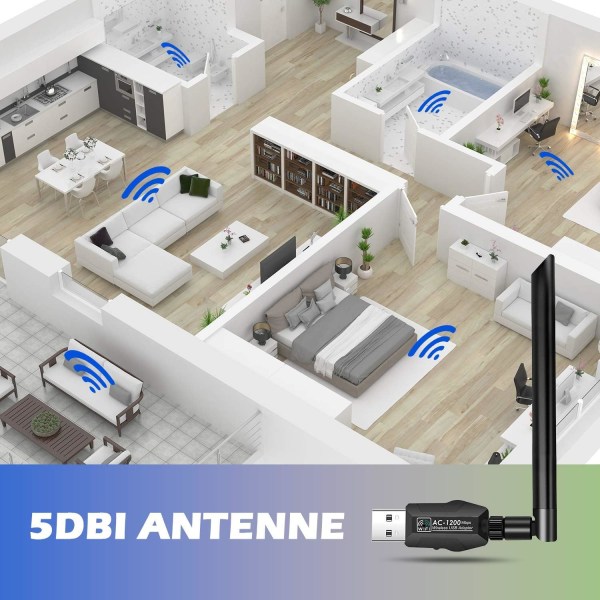 WLAN-stick USB WLAN-adapter Dubbelband 1200 Mbit/s (5 GHz + 2,4 GHz) WLAN-dongel 5 dBi WLAN-antenn / WLAN-adapter USB 3.0 / WLAN-adapter