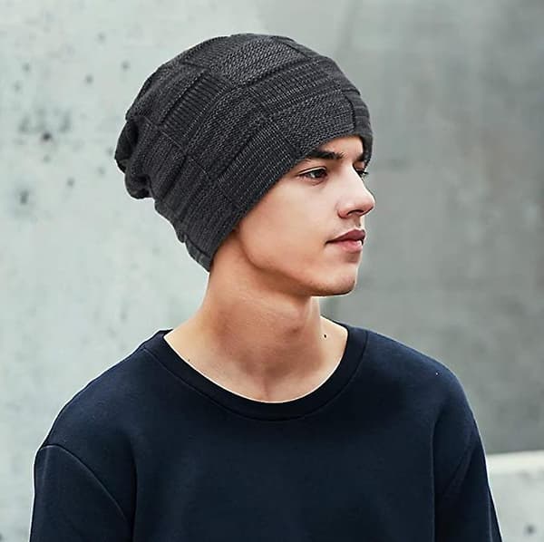 Herrar Stickad Vintermössa, Varm Mössa med Fleece Innerfoder