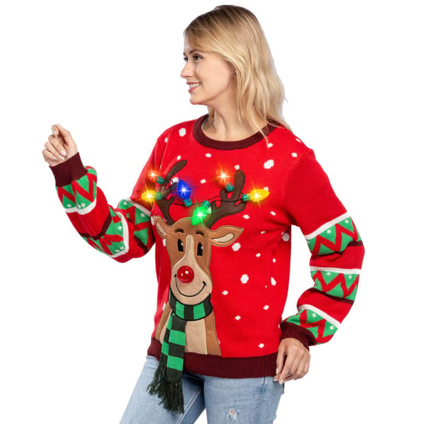 Dame LED lysende rensdyr grim julesweater med indbyggede pærer (Medium, Rød) m