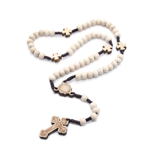 2st trärosbandspärlor katolsk radband Handgjorda krucifix halsband Religiösa smycken（Vita）