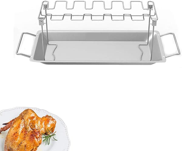 BBQ Kyllingstativ, Stekerstativ i rustfritt stål med dryppanne og benstativ