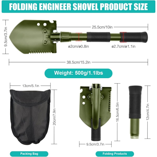 Camping spade hopfällbar, multifunktionell mini överlevnadsspade 40CM, camping militär överlevnadsspade