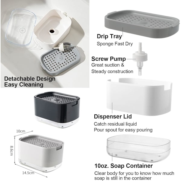 10oz Diskmedelspump för diskho med svamphållare Push Down Pump Caddy Bricka Behållare Set White