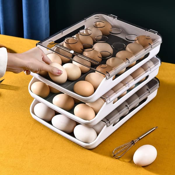 Stabelbart selv-rullende eggeholder, sklisikker eggebrett, matbeholder for 21 egg (grå) Grey