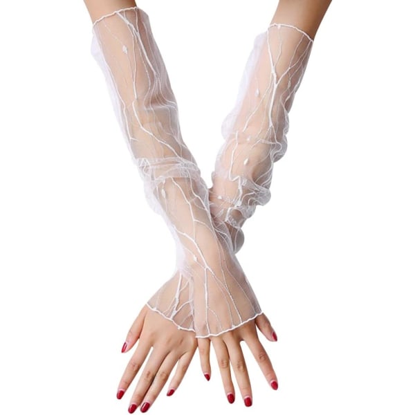 Armvärmare för kvinnor Spets långa handskar Kylarmsärm Solskyddsfodral, vit blixt