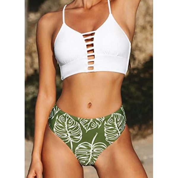 Kvinnors Bikini Baddräkt Blommig Tryck Spets Upp Flera Färger Remmar, Vit+Grön, M White m