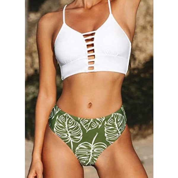 Kvinnors Bikini Badkläder Blommigt Tryck Spets Upp Flera Färger Remmar, Vit+Grön, L White l
