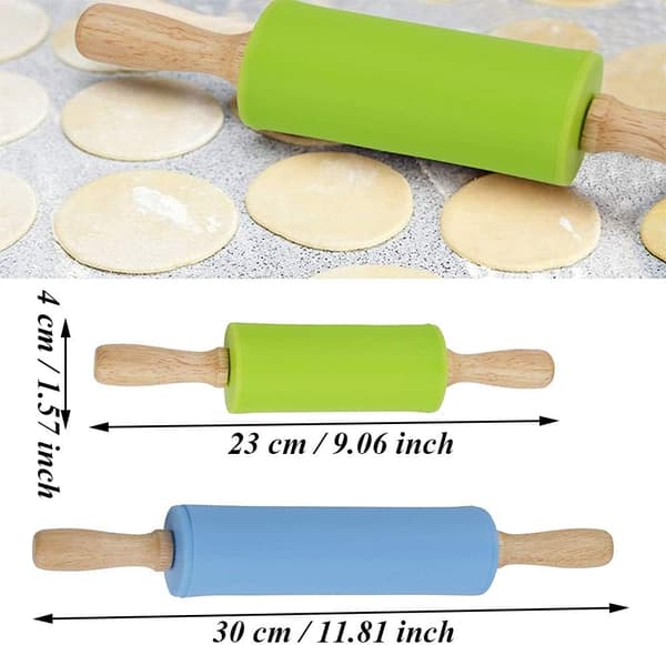 Silikon Solid Trehåndtak Kjevle Nonstick Pins (Blå, Grønn) 2 Pakke