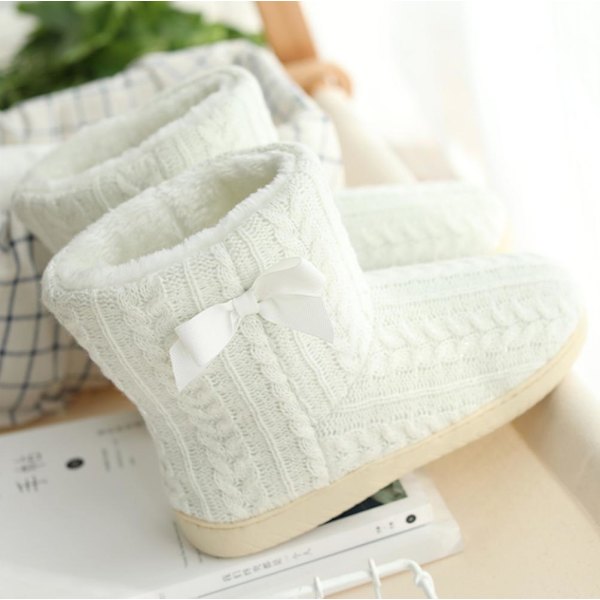 Kvinnor Stickad Bootie Toffel Varma Tofflor Plyschfodrad Anti-Slip White 23.5 cm