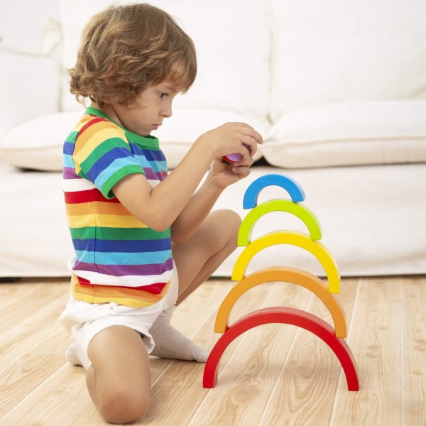 Trä regnbågsstaplare häckande pusselblock Pedagogiska leksaker för barn Baby småbarn, makron color 1
