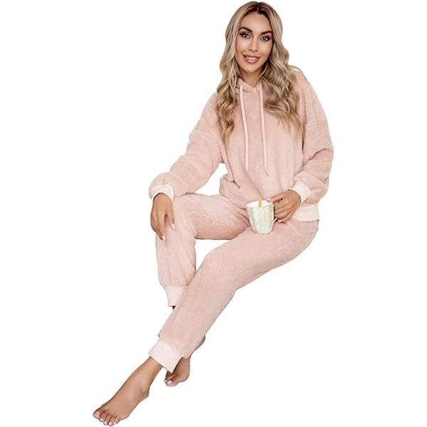 Womens Fuzzy Sherpa Fleece Pyjamas Set, Long Sleeve Hoodies Pyjamabyxor 2 Piece Outfits Loungewear Sleepwear（rosa,m) m