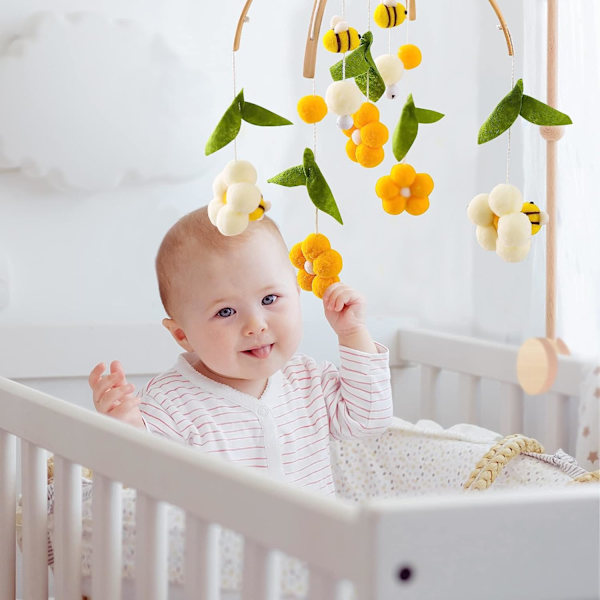 Mobil Baby Trä + Ullboll, Färsk Blommor och Bin, Nyfödd Present till Baby (Bi)