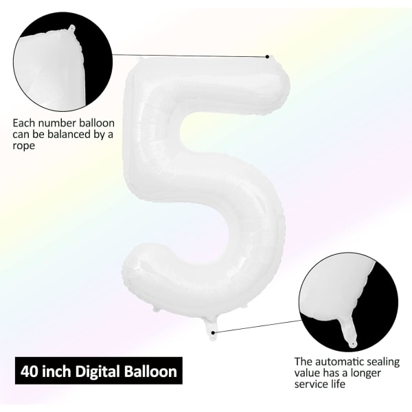 1 st 40 tum stor digital folieballong för födelsedagsfestdekorationer (vit, 5) White 5
