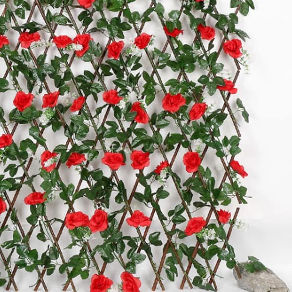Expanderbar konstgjord staket med blommor, häckpaneler i trä, hopfällbart spaljéstaket